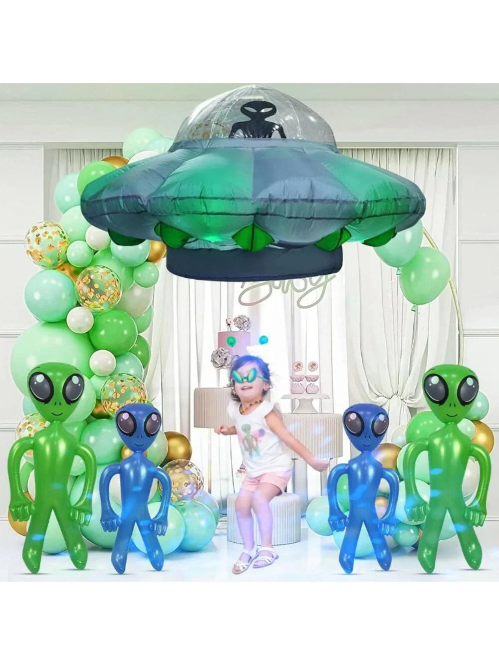 4.2FT Inflatable Alien UFO Party Decor with LED Lights - Halloween Cow Abduction